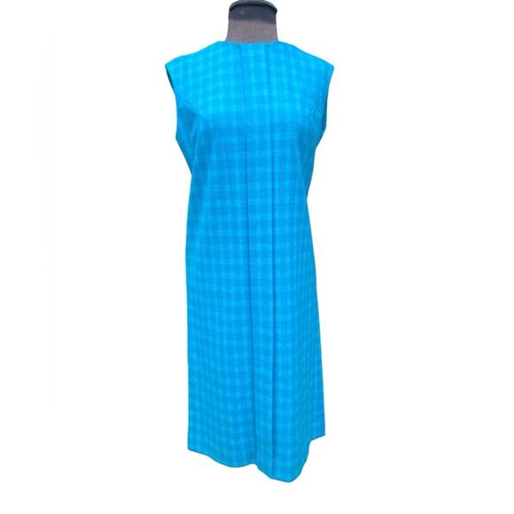 Vtg 60s Turquiose Plaid Sleeveless Mod Shift Dress M Tradwife Jackie O Ladylike - Picture 3 of 6